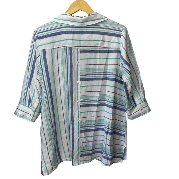 Foxcroft Shirt Womens 14W White Blue Striped Button Up Linen Blend Button Accent - Picture 3 of 7